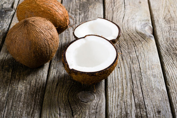 coconuts on natural old wood table background