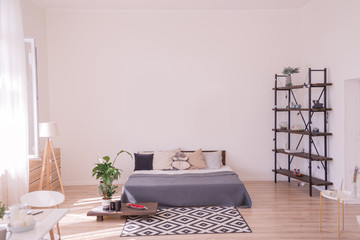 White loft bedroom interior with posters