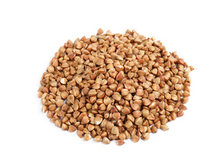 Uncooked buckwheat on white background. Healthy diet