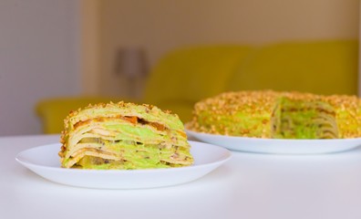 Food. Pancake nature cake, decorated peanuts