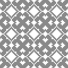 Fototapeta premium Cross stitch. Black and white seamless pattern. Embroidery, knitting. Abstract geometric background. Ethnic ornaments.