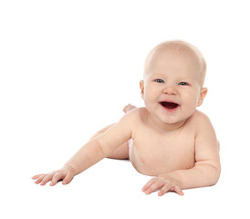 Cute little baby on white background. Tummy and crawling time