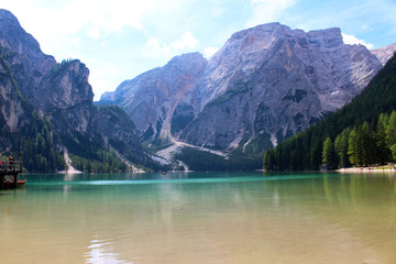 Fototapeta na wymiar Landscape of Braies Lake (Lago di Braies), Dolomites, Italy