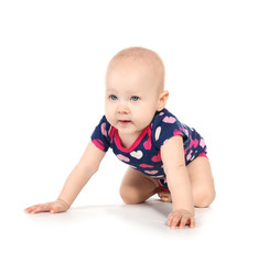 Cute little baby crawling on white background