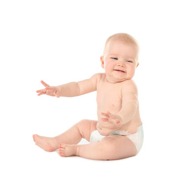 Cute little baby on white background. Crawling time