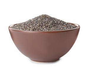 Bowl with chia seeds isolated on white
