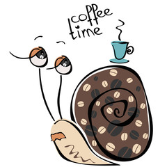 Tired and exhausted snail dreaming about coffee break with a cup of coffee on his patterned shell, Vector illustration