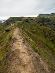 A narrow path on the top of a hill. Iceland, perfect destination for hikers. The Legendary Laugavegur Trek.