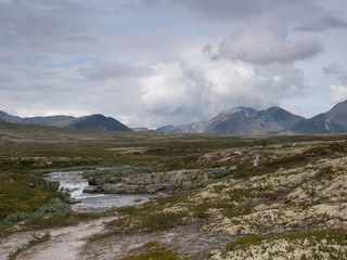 A view on mountains during hike in Rondane National Park, Norway