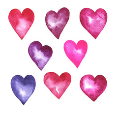 Set of decorative watercolor hearts isolated on white background. Hand drawn illustration. 