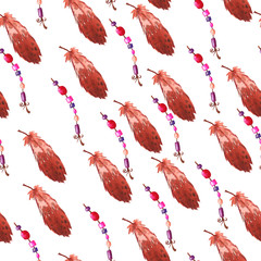 Seamless pattern with decorative feathers and beads on white background. Hand drawn watercolor illustration.