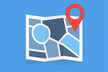 Cartoon picture of maps, road map, map marker pointer, GPS location symbol. Vector illustration. Background.