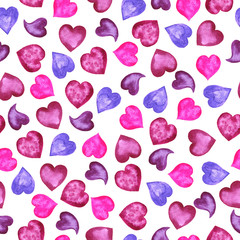 Seamless pattern with pink and lilac hearts on white background. Hand drawn watercolor illustration.