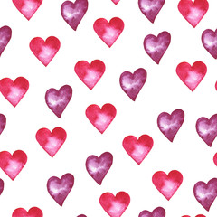 Seamless pattern with pink and purple hearts on white background. Valentine`s day design. Hand drawn watercolor illustration.