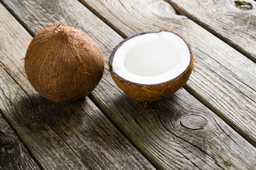 coconuts on natural old wood table background
