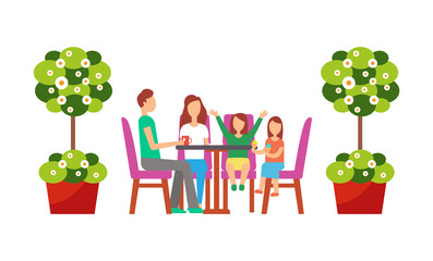 Father and mother spending holiday with children vector. Man drinking tea from ceramic mug, kid with ice cream. Plants in pots and soil, eatery interior