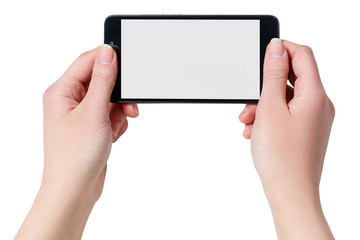 Hands holding Black Smartphone with blank screen on white background