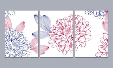Floral background with flowers of chrysanthemum. Element for design. Set of 3 canvases for wall decoration in the living room, office, bedroom, kitchen, office. Home decor of the walls. 