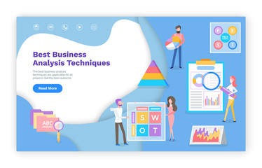 Obraz na płótnie Canvas Business analysis techniques online web pages vector. Graphics and charts, success estimation and finance growth website template, landing page flat style