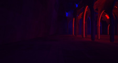 Abstract  Concrete Futuristic Sci-Fi Gothic interior With Red And Blue Glowing Neon Tubes . 3D illustration and rendering.