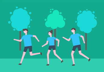 Running man and woman vector, people in leafy park jogging. Students taking care of health and body, sport activities and exercising, fitness and athletics