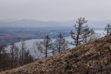 foggy day in mountain resorts, the lake, the view from the mountain