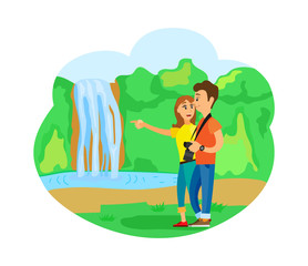 Obraz na płótnie Canvas People traveling together vector, waterfall water falling in lake. Man and woman with camera, travelers excited from natural beauty, forest and trees