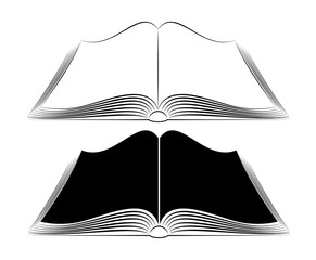 An open book on the table. Simple black outlines. Logo or emblem of a bookstore or knowledge base.