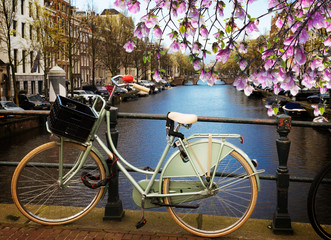 Old bicycle next to canal of Amsterdam