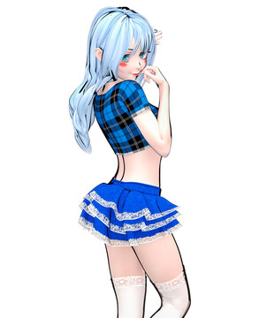 Sexy anime 3d doll japanese anime schoolgirl big blue eyes.Short blue jeans skirt blouse.Cartoon, comics, sketch, drawing, manga illustration.Conceptual fashion art.Isolate illustration for popsocket
