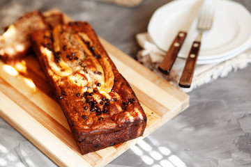 Butter free and sugar free banana bread loaf with oat flour. Vegan cake for healthy diet