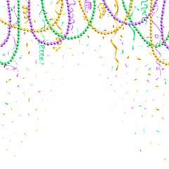 Mardi Gras background template, festive banner, colorful beads and confetti, vector illustration