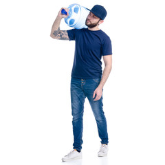 Water delivery man in blue t-shirt and cap on white background isolation