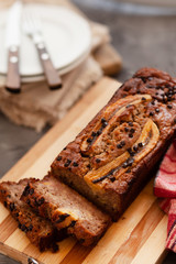 Butter free and sugar free banana bread loaf with oat flour. Vegan cake for healthy diet