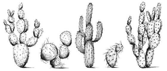 Vector set of cactus plants. Hand drawn illustration. Black and white sketch. - obrazy, fototapety, plakaty