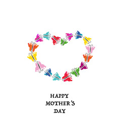 Happy Mother's day greeting card. Made of colorful baby hand prints butterfly. Heart shape with butterfly 