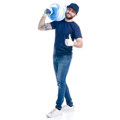 Water delivery man in blue t-shirt and cap go goes on white background isolation