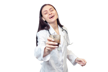 Female doctor with a glass of alcohol