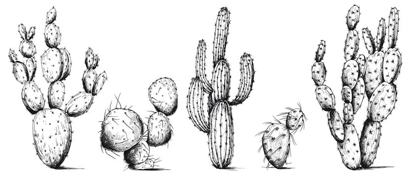 Vector set of cactus plants. Hand drawn illustration. Black and white sketch.