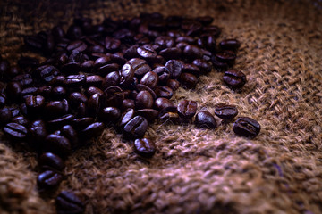 select coffee roasted beans on sacking background