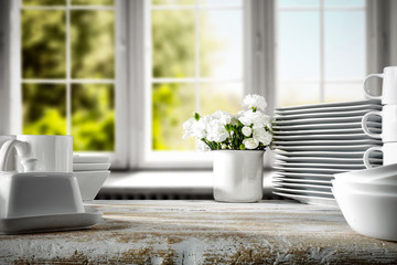 White wooden desk and window of spring time. 