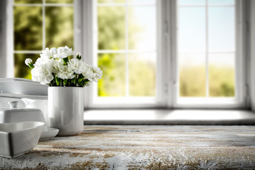 White wooden desk and window of spring time. 