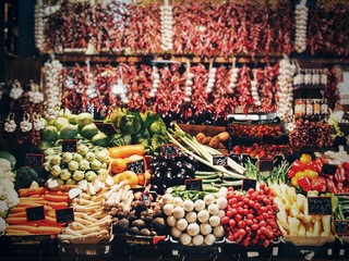 Variety of vegetables on market stall in Budapest, Hungary