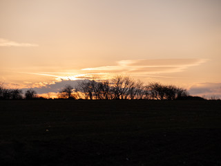 Sunset over the horizon. Golden hour over the field. Orange sky by the sunset. 