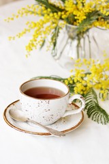Spring Tea Party against the backdrop of a mimosa flower