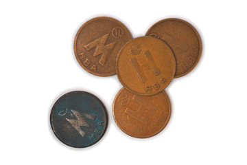 Tokens for subway in the city of Novosibirsk. Close-up
