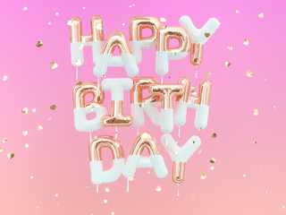  Happy Birthday text pink gold foil balloons and golden hearts confetti creative festive web-banner, greeting card background, 3d rendering