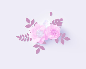 Floral bouquet design element, pink rose with paper cut leaves on white wall background, 3d rendering