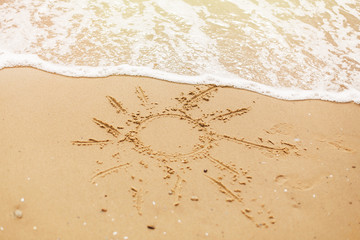 Hello summer vacation concept. Sun written on sandy beach and sea waves. Relaxing on tropical island. Let's go travel
