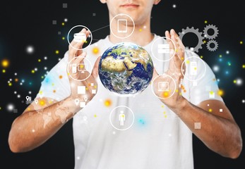 Businessman and internet and virtual reality concept - businessman pressing button on virtual...